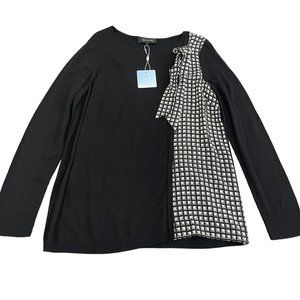 St. John Sport Black White Pattern Colorblock Sweater Bow Tie, Size M NWT